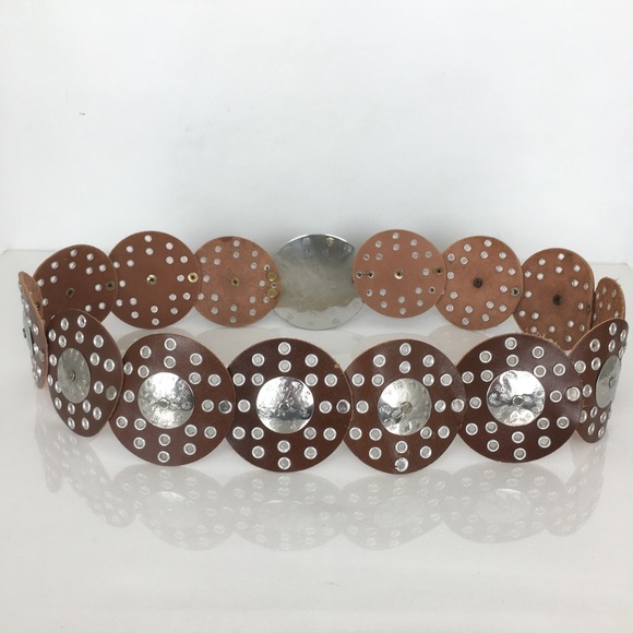 Women’s Bohemian Wide Leather Round Concho Western Belt Brown Silver Grommets